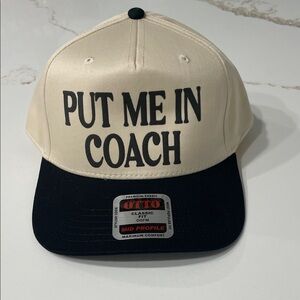 PUT ME IN COACH Cream and Black TRUCKER HAT with Bold Text